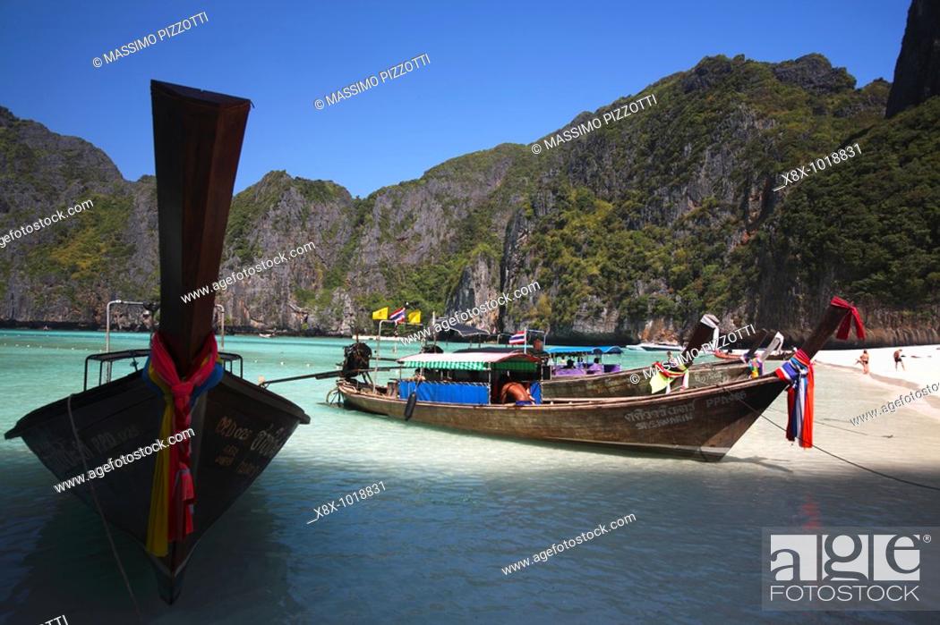 Stock Photo: Long-tail boats in Maya Bay, Phi Phi Leh Island, Thailand.