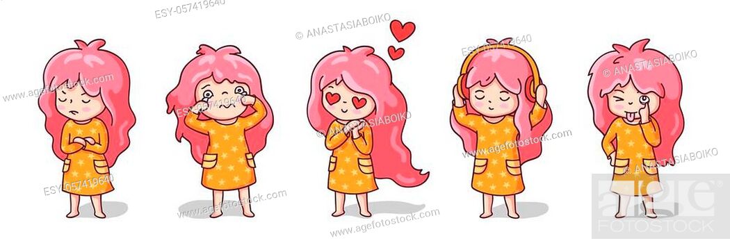 Little funny girls in orange pajamas. Girls in love, listening to music,  making faces, Stock Vector, Vector And Low Budget Royalty Free Image. Pic.  ESY-057419640 | agefotostock