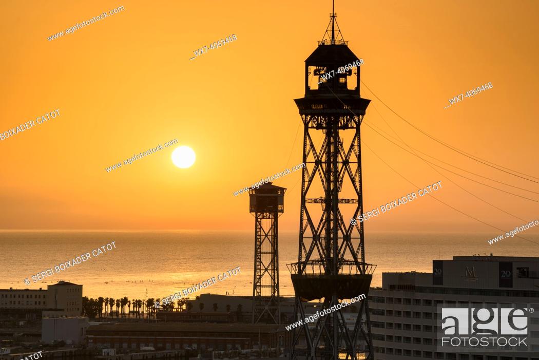 Stock Photo: Port Vell (the Old Harbor) and Jaume I tower in Barcelona at sunrise (Barcelona, Catalonia, Spain).