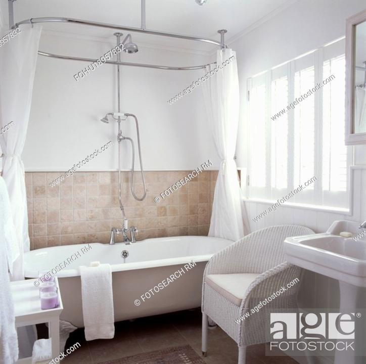White Curtains On Oval Shower Rail, Oval Bath Shower Curtain Rail