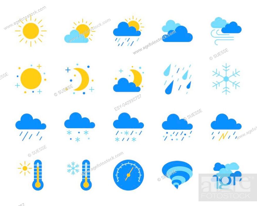 Weather flat icons set. Web sign kit of meteorology. Climate pictogram  collection includes sun, Stock Vector, Vector And Low Budget Royalty Free  Image. Pic. ESY-040990757 | agefotostock