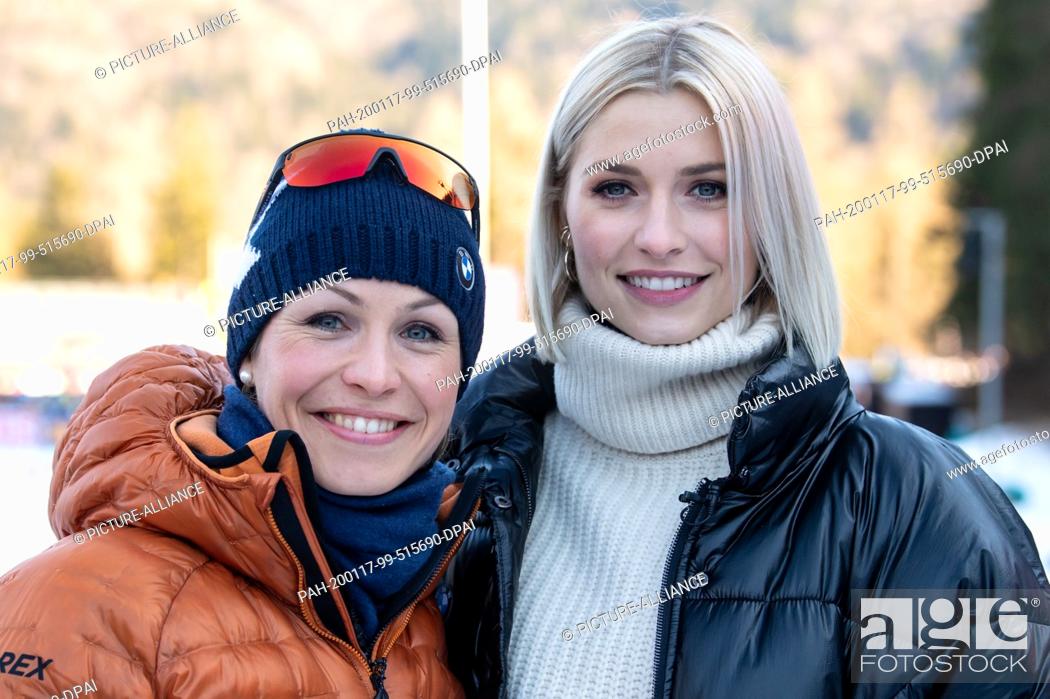 Stock Photo: 17 January 2020, Bavaria, Ruhpolding: Biathlon: World Cup. Magdalene Neuner (l), former biathlete, and Lena Gercke, model and presenter.
