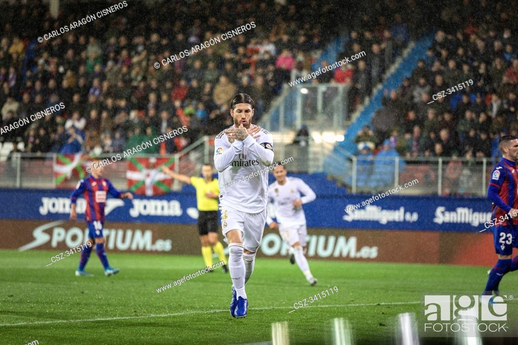 Stock Photo: EIBAR, SPAIN - NOVEMBER 9, 2019: Sergio Ramos, Real Madrid player, celebrates his goal in a Spanish League match between Eibar and Real Madrid at Ipurua Stadium.