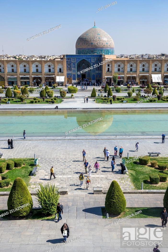 Stock Photo: Pool at Naqsh-e Jahan Square (Imam Square, formlerly Shah Square) in centre of Isfahan in Iran. View with Sheikh Lotfollah Mosque.