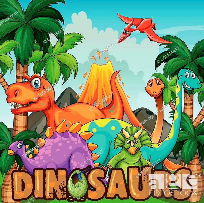Stock Vector: Different types of dinosaurs by the volcano illustration.