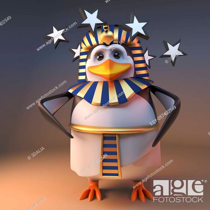 Stock Photo: Poor 3d penguin pharaoh Tutankhamun is dizzy with stars in his eyes, 3d illustration render.