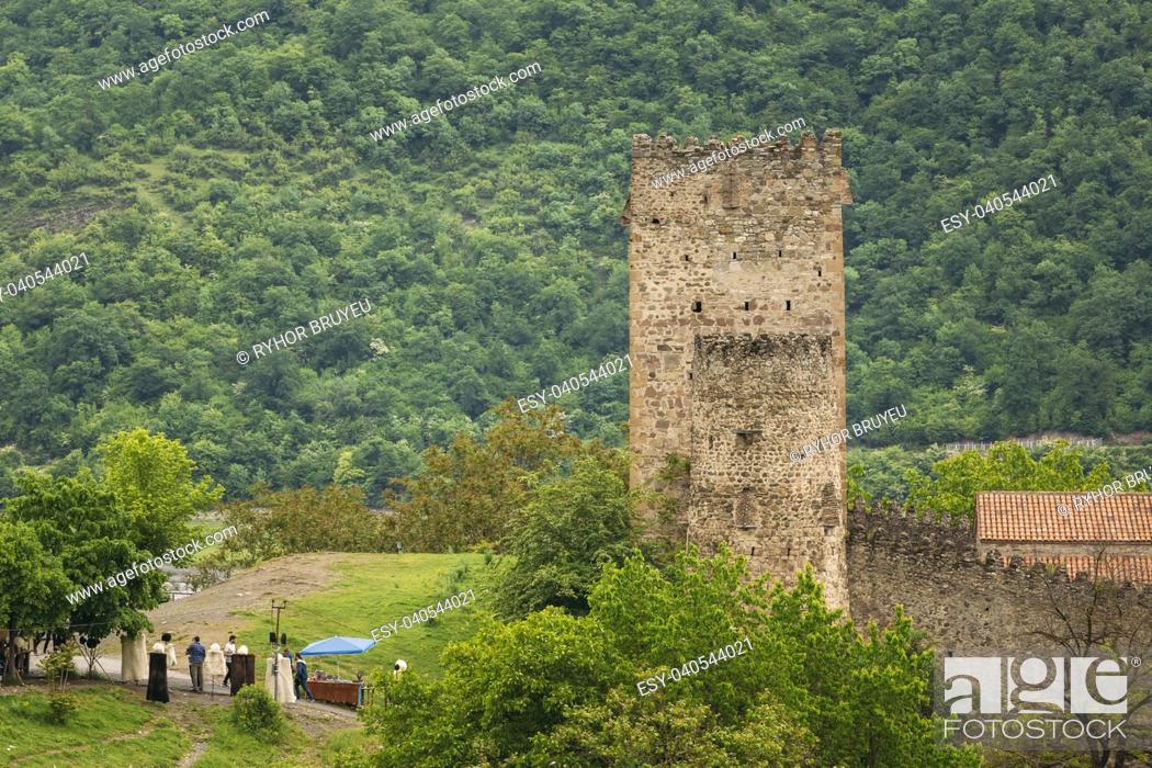 Stock Photo: Castle Complex Ananuri In Georgia, About 72 Kilometres From Tbilisi. Cultural Historic Heritage. Large Tower Sheupovari Is Well Preserved And Is Location Of.