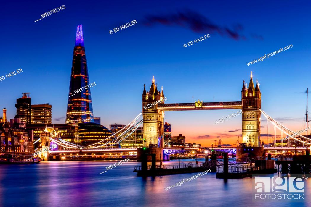 Stock Photo: Tower Bridge and The Shard at sunset, London, England, United Kingdom, Europe.