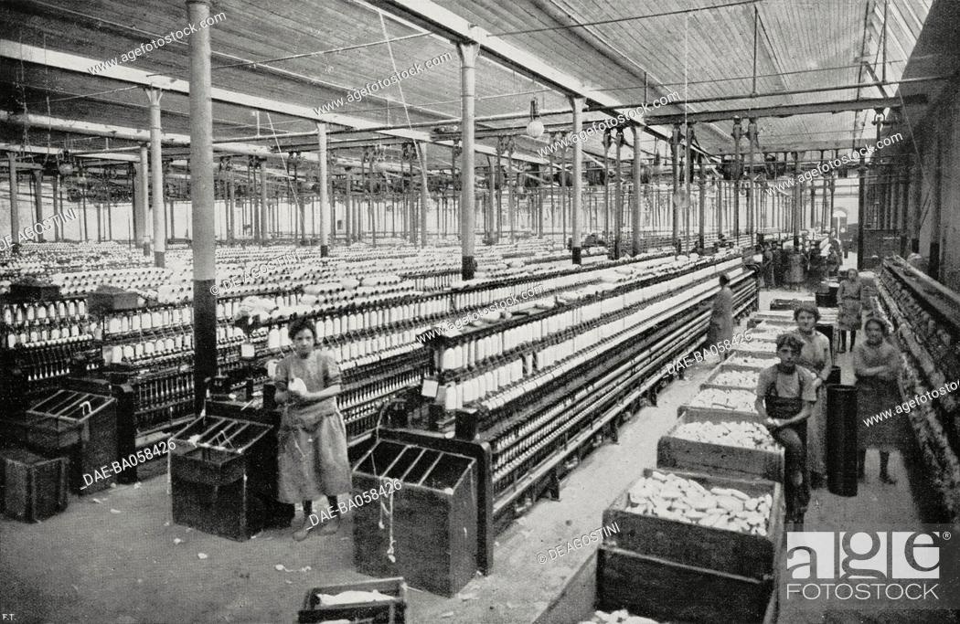 Stock Photo: Spinning area in the Riunite Tuscan Manufacturing plant, Pontedera, Tuscany, Italy, from L'Illustrazione Italiana, Year LI, No 48, November 30, 1924.