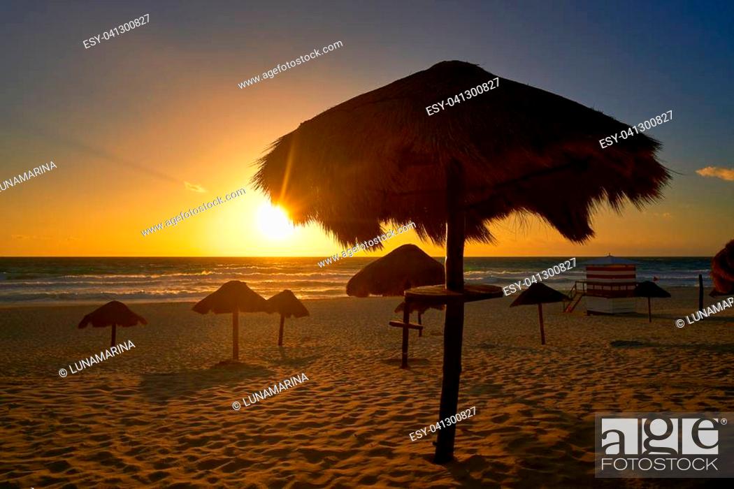 Stock Photo: Cancun sunrise at Delfines Beach at Hotel Zone of Mexico.