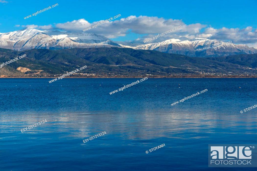 Stock Photo: Amazing panoramic Landscape of Lake Pamvotida and Pindus mountain from city of Ioannina, Epirus, Greece.