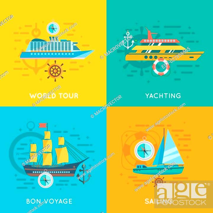 Stock Vector: Ocean liner world cruise and yacht club sailing 4 flat icons square banner abstract isolated vector illustration.