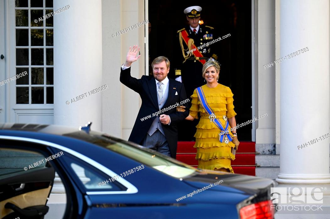 Stock Photo: King Willem-Alexander and Queen Maxima of The Netherlands leave at Palace Noordeinde in The Hague, on September 15, 2020, to the Grote Kerk.