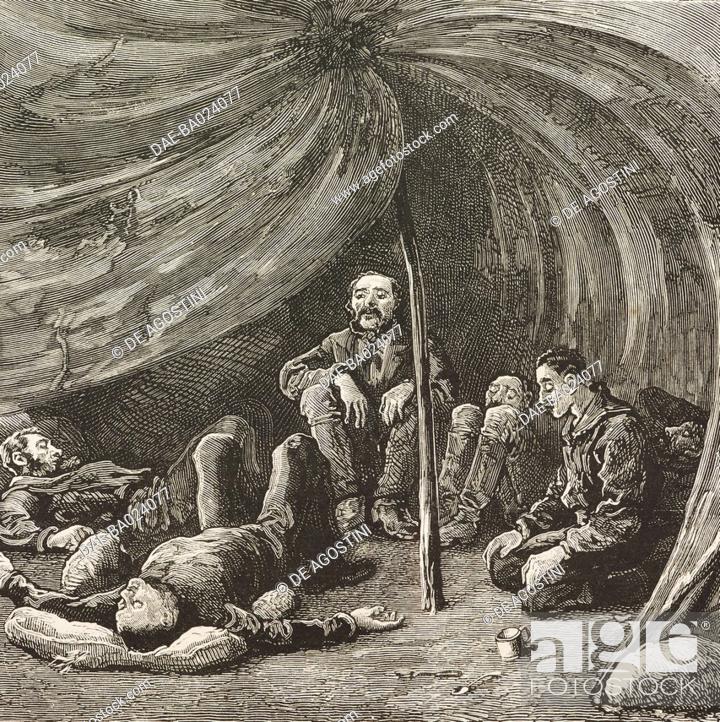 Stock Photo: Inside Greely's tent on the arrival of the relief party, June 22, Cape Sabine, the Adolphus Greely Arctic Expedition, illustration from the magazine The Graphic.
