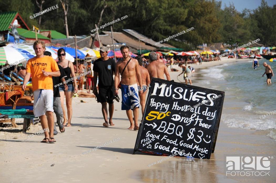 Stock Photo: Billboard for food on the beach in Sihanoukville.