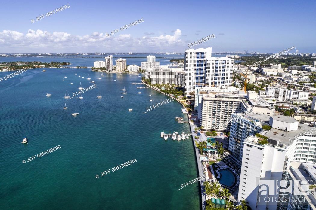 Imagen: Florida, Miami Beach, Biscayne Bay, aerial overhead bird's eye view above, high rise condominium buildings, waterfront, boats, Mondrian South Beach, hotel.