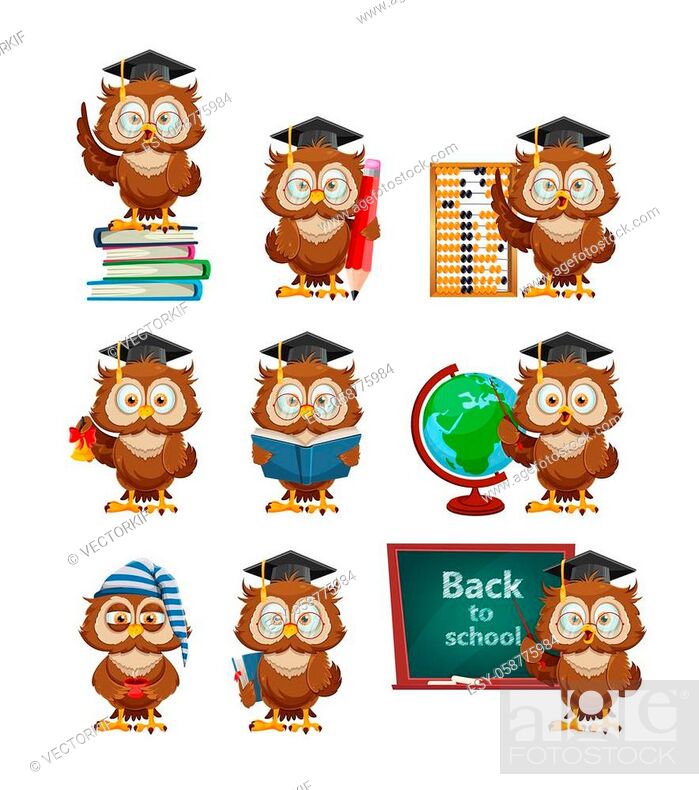 Cute wise owl, set of nine poses. Funny owl cartoon character, back to  school concept, Stock Vector, Vector And Low Budget Royalty Free Image.  Pic. ESY-058775984 | agefotostock