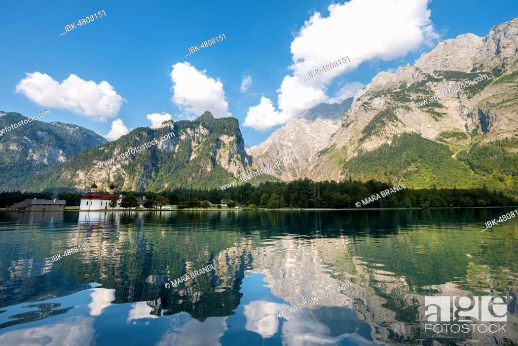 Stock Photo: Water reflection, Lake Königssee with Watzmann Massif and pilgrimage church of St. Bartholomew, National Park Berchtesgaden, Berchtesgadener, Upper Bavaria.