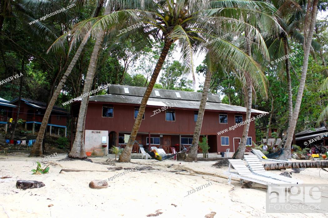Stock Photo: House on the beach with palms, Island Pulau Perhentian Kecil, D'Lagoon, Terengganu, Malaysia.