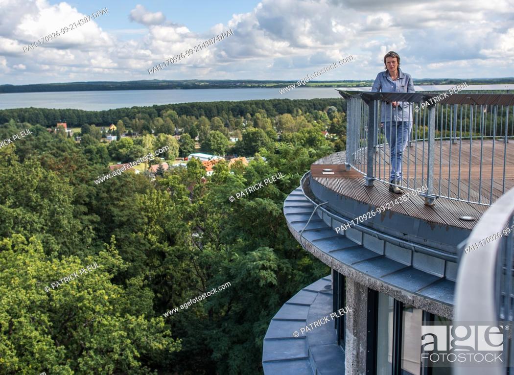 Stock Photo: Sarah Phlipps of the Biorama-project stands on the observatory platform of her water tower in Joachimsthal, Germany, 20 September 2017.
