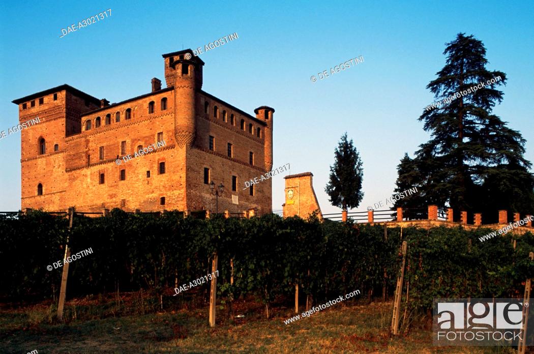 Stock Photo: Castle of Grinzane Cavour, now Langhe Museum, with vineyards in the foreground, Langhe (Unesco World Heritage List, 2014), Piedmont, Italy.