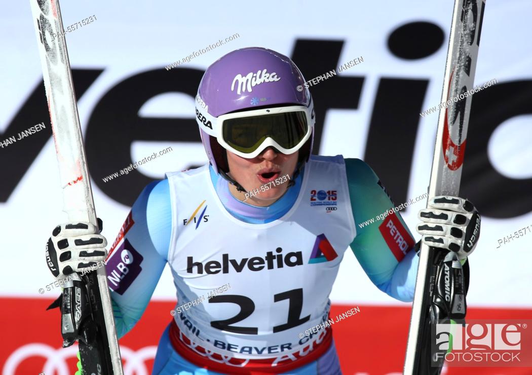 Stock Photo: Tina Maze of Slovenia reacts after her run in the Ladies' Downhill at the Alpine Skiing World Championships in Vail - Beaver Creek, Colorado, USA.