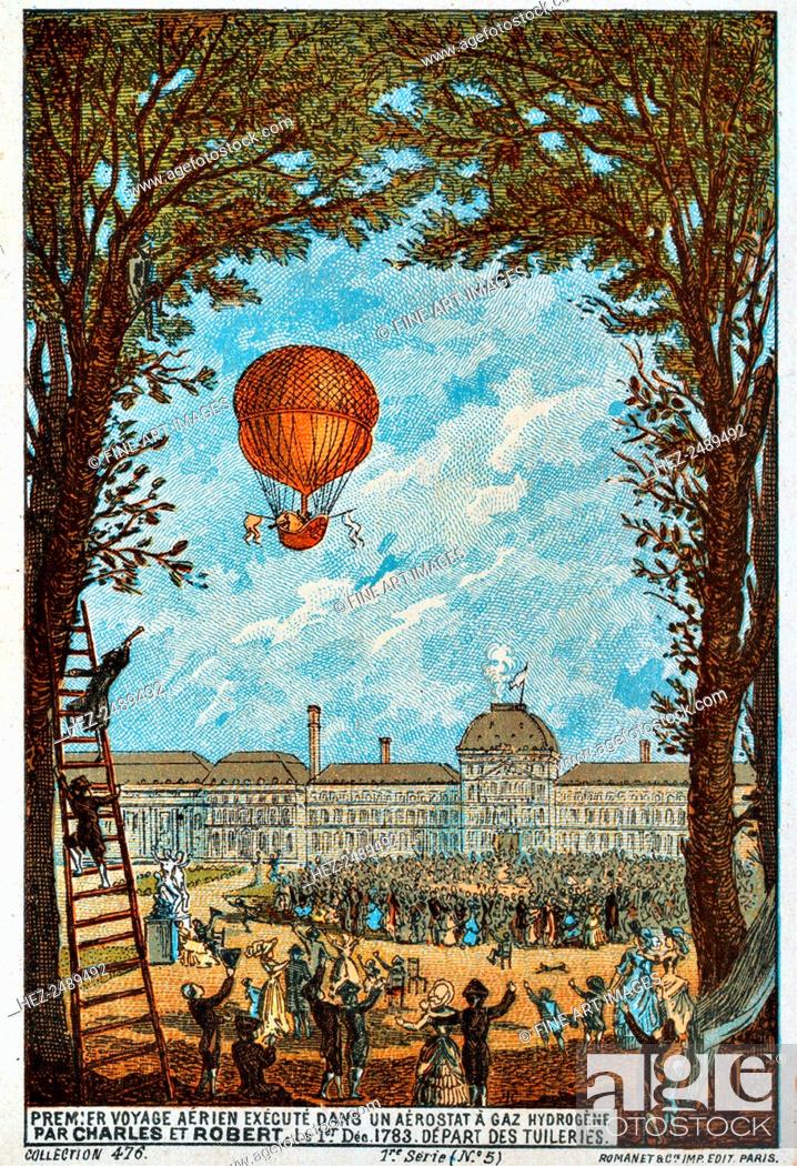 First Hydrogen Balloon flight landing in France print J Chereau 1783 art poster