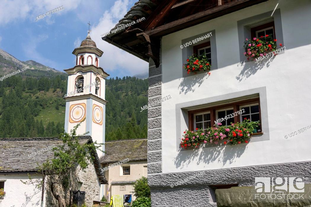 Stock Photo: Village church Jakobus and Christophorus in the mountain village Walser settlement Bosco Gurin, Val di Bosco, Vallemaggia, Ticino, Switzerland.