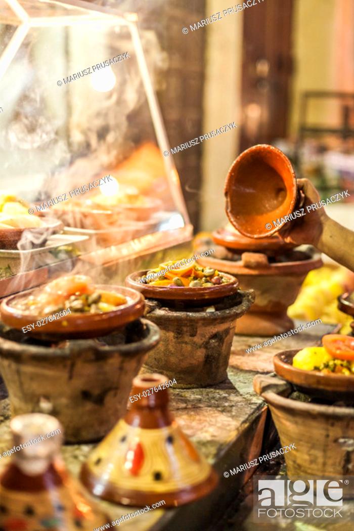 Stock Photo: Selection of very colorful Moroccan tajines (traditional casserole dishes).