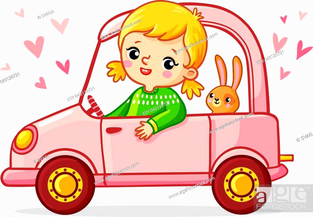 Girl with a rabbit is riding a pink car. Cute vector illustration of  children's cartoon style, Stock Vector, Vector And Low Budget Royalty Free  Image. Pic. ESY-043120721 | agefotostock