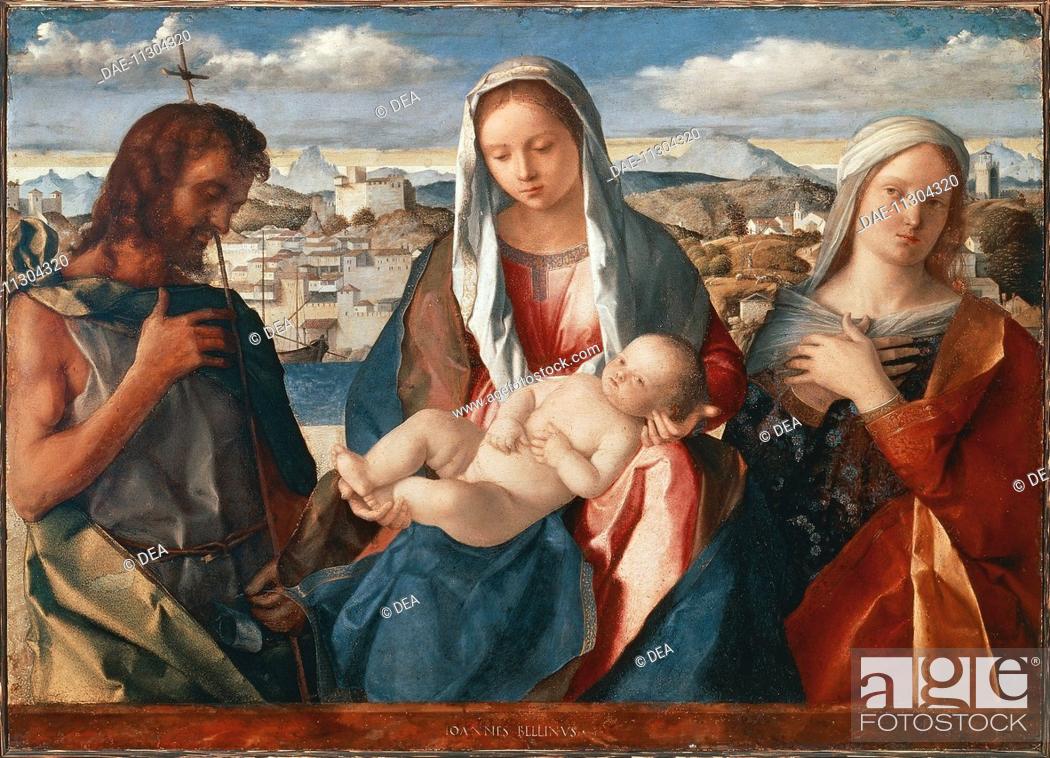 Stock Photo: Madonna and Child with St John the Baptist and a Saint, 1500-1504, by Giovanni Bellini (1431-36 - 1516), oil on panel, 54x76 cm.