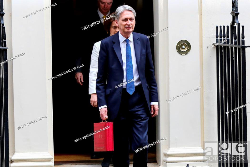 Stock Photo: Chancellor of the Exchequer, Phillip Hammond leaves 11 Downing Street to deliver his budget speech in the House of Commons Featuring: Phillip Hammond Where:.