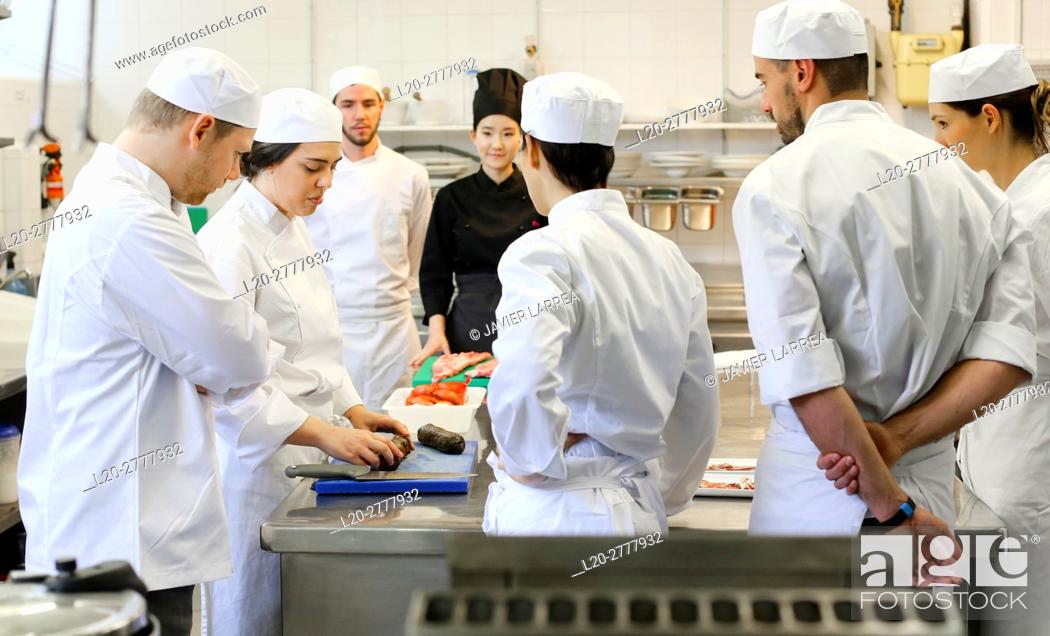 Stock Photo: Chefs, Cooks in cooking school, Cuisine School, Donostia, San Sebastian, Gipuzkoa, Basque Country, Spain, Europe.