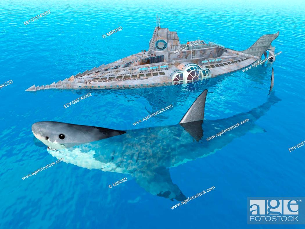 Stock Photo: Computer generated 3D illustration with the prehistoric Megalodon Shark.