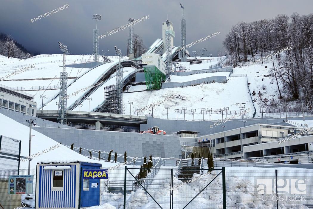 Stock Photo: View onto the ski jumps of the 2014 Winter Olympics in Sochi, Russia, 31 January 2018. The installation above the village Estosadok near Krasnaja Poljana has.