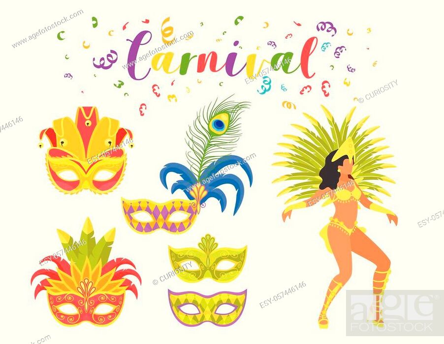 Vector: Carnival festive set of masquerade mask and silhouette of woman dancer. Vector illustration on white background.