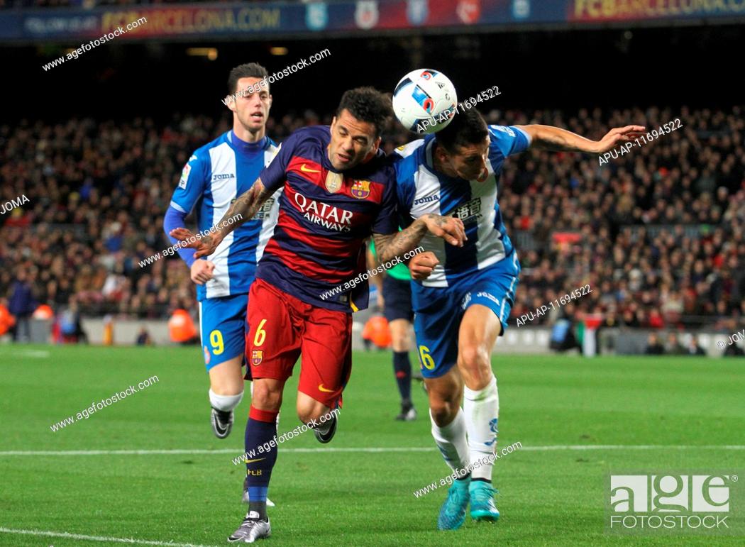 Stock Photo: 2016 Spanish Cup FC Barcelona v RCD Espanyol Jan 6th. 06.01.2016 Barcelona. Spanish Cup football round of 8. Dani Alves (L) and Javi Lopez (R) challenge for the.