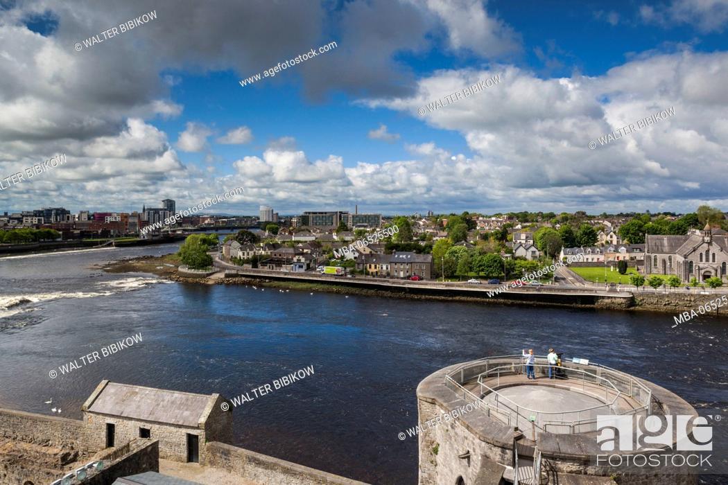Stock Photo: Ireland, County Limerick, Limerick City, King John's Castle, 13th century, elevated view with the River Shannon.