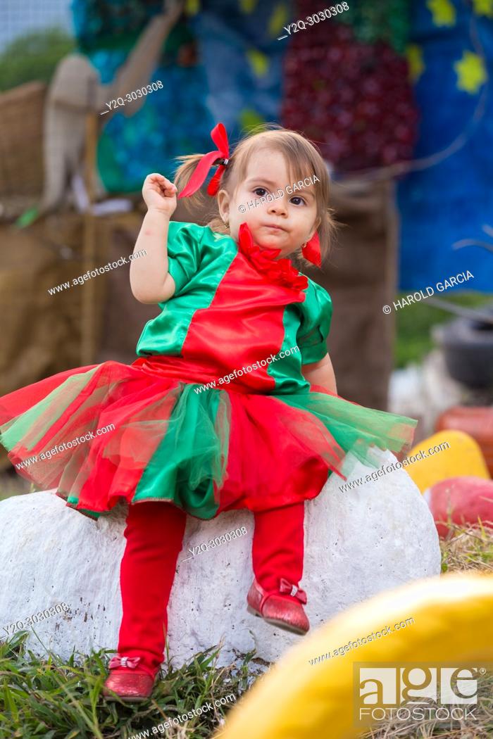 Stock Photo: Infant Girl dresses Tulle Romper Christmas Outfit.