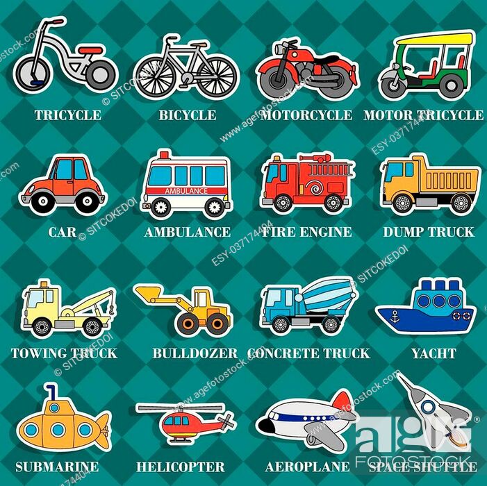 Stock Vector: Cute vehicle types in sticker style on square graphic background. In vector format.