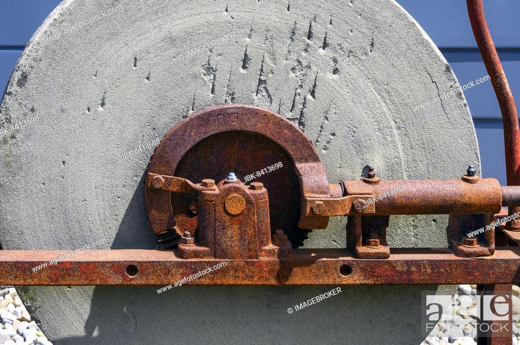 Stock Photo: Old grindstone with rusted mechanics, Buchenberg, Bavaria, Germany, Europe.