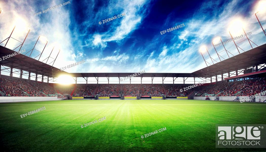 Stock Photo: Football stadium, shiny lights, view from field. Soccer concept.