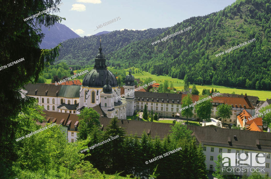 Stock Photo: Germany, Bavaria, head bunting district,  Cloister Ettal, overview, summer  Upper Bavaria, development rock, bunting mountains,  Place of pilgrimage.