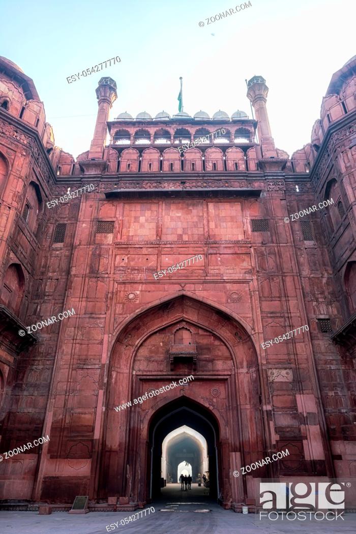 Stock Photo: Main entrance Lahori Gate in Red Fort, New Delhi taken during sunrise time. New delhi, India.