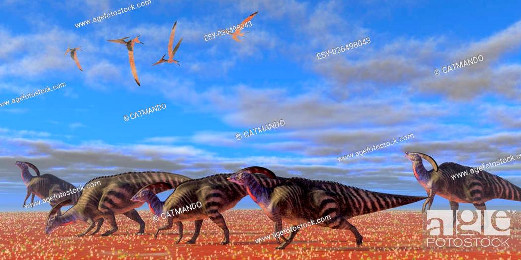 Stock Photo: A herd of Parasaurolophus dinosaurs migrate through a desert searching for better vegetation.
