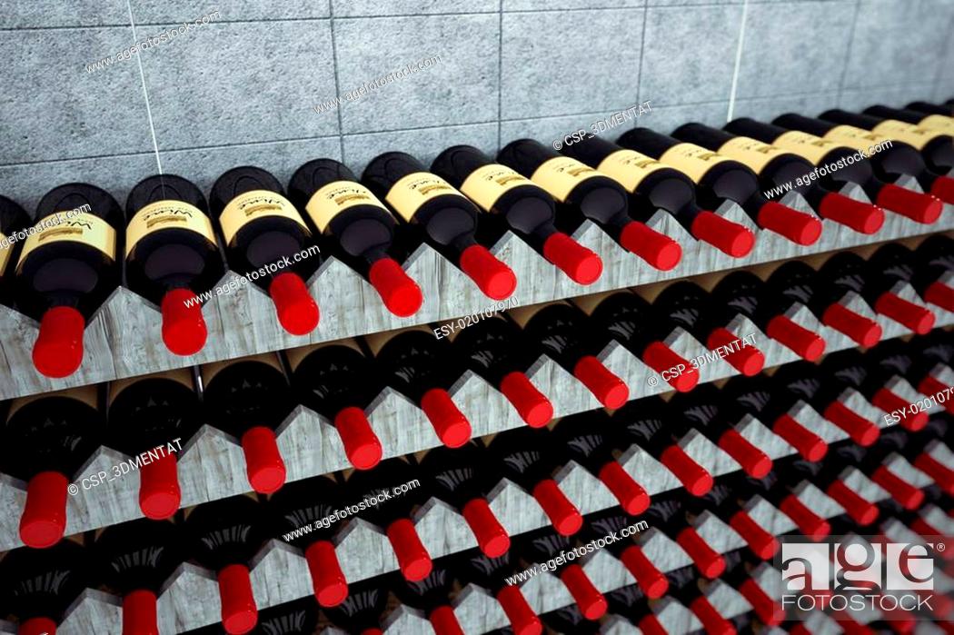 Stock Photo: Wine bottles on a wooden shelf.
