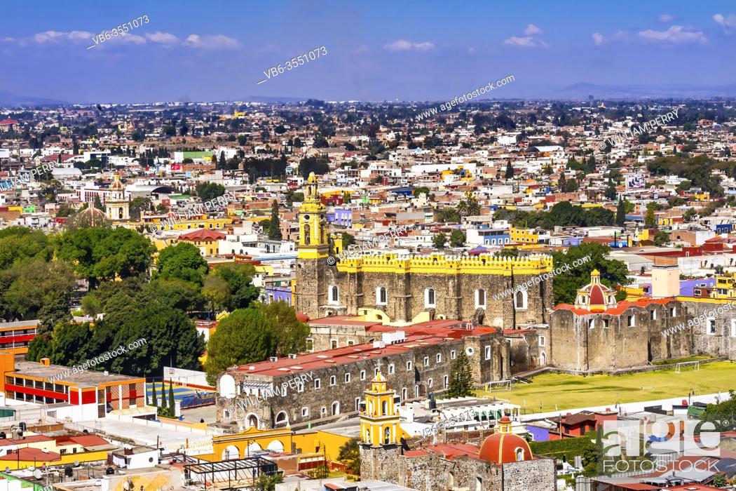 Photo de stock: Overlook Colorful Churches Cityscape Restaurants Shops Cholula Puebla Mexico. Churches built 1500s and 1600s.