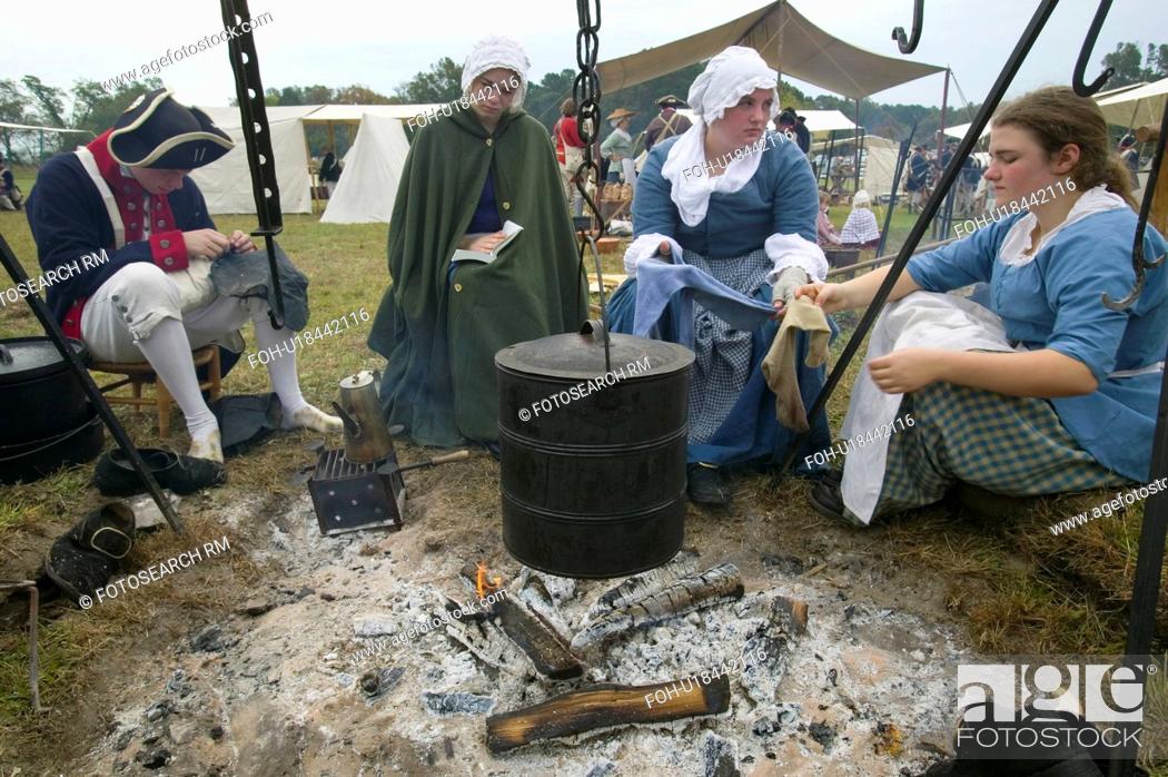 Stock Photo: Re-enactment of Revolutionary War Encampment demonstrates camp life of Continental Army as part of the 225th Anniversary of the Siege of Yorktown, Virginia.