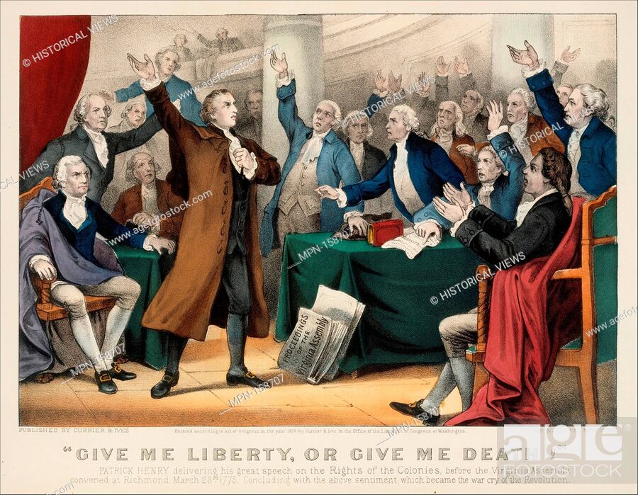 Stock Photo: Give Me Liberty or Give Me Death!-Patrick Henry delivering his great speech on the Rights of the Colonies, before the Virginia Assembly, convened at Richmond.