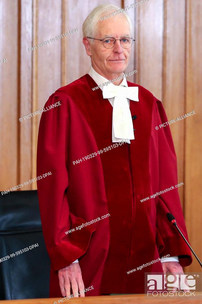 Stock Photo: 29 March 2019, Saxony, Leipzig: The presiding judge, Wolfgang Bier, will speak on the pronouncement of judgement in the dispute over the assumption of police.